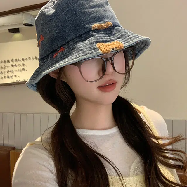 俞兆林 日系可爱小熊蝴蝶结甜美复古做旧显脸小户外登山露营大檐透气防晒遮阳 牛仔布 渔夫帽 男女同款情侣款