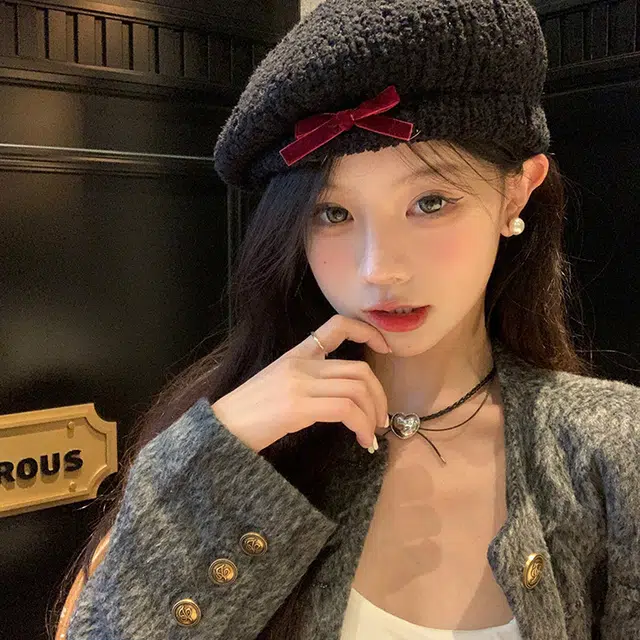 俞兆林 韩系蝴蝶结毛线冷帽甜美可爱显脸小时尚百搭画家帽 聚酯纤维 贝雷帽 女款