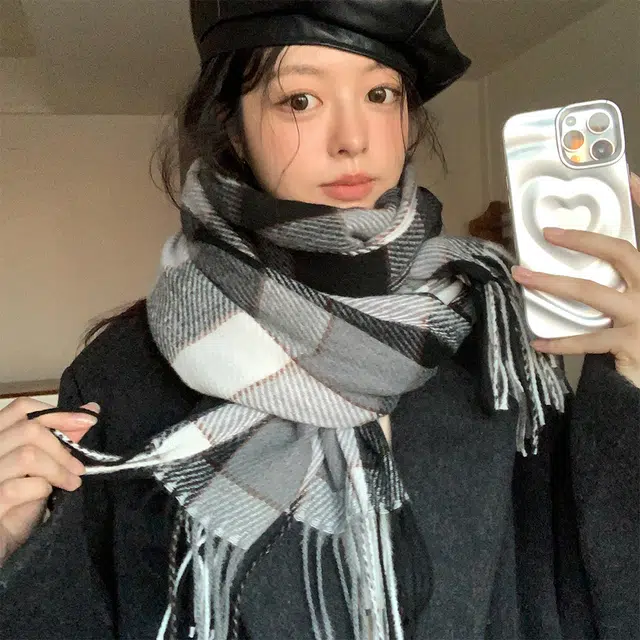 俞兆林 韩系秋冬氛围感加大加厚保暖格纹流苏 绒线围巾  男女同款情侣款