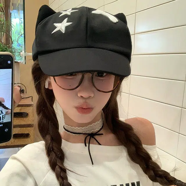 俞兆林 韩版小众设计甜美可爱卡通星星猫耳朵八角时尚二次元显脸小 棉 鸭舌帽 女款
