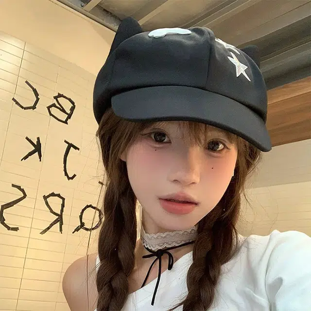 俞兆林 韩版小众设计甜美可爱卡通星星猫耳朵八角时尚二次元显脸小 棉 鸭舌帽 女款