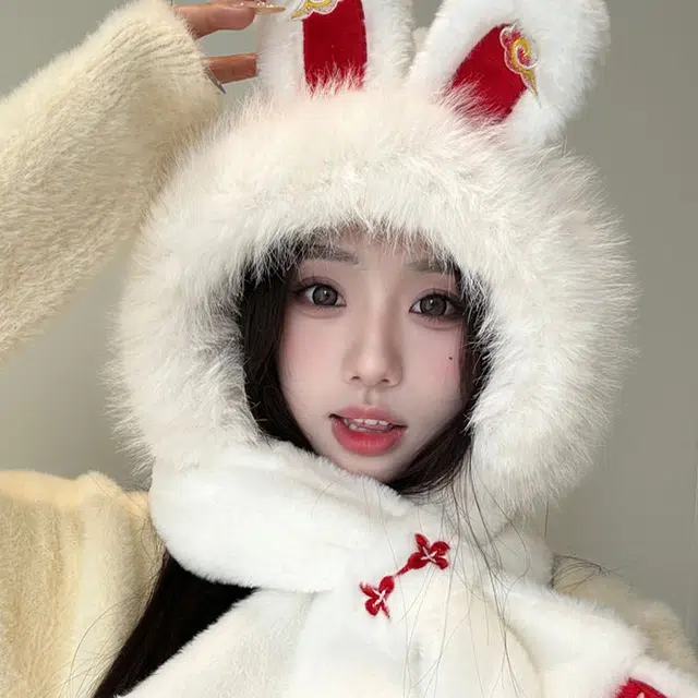 俞兆林 可爱兔子 帽子围巾一体骑行保暖防寒 聚酯纤维 绒线帽 女款