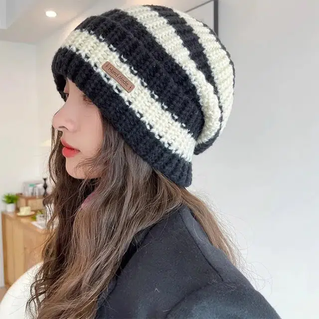 俞兆林 日系条纹字母宽松显脸小毛线保暖百搭针织 腈纶 绒线帽 男女同款情侣款