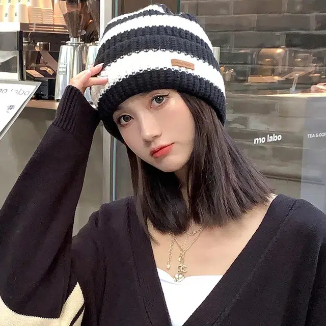 俞兆林 日系条纹字母宽松显脸小毛线保暖百搭针织 腈纶 绒线帽 男女同款情侣款