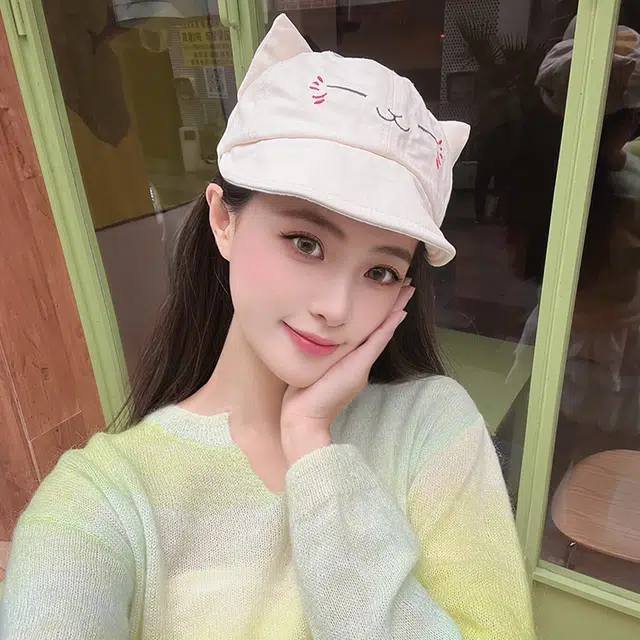 俞兆林 日系可爱猫咪翻檐刺绣户外出游防晒遮阳时尚甜美百搭大头围显脸小 棉 鸭舌帽 男女同款情侣款