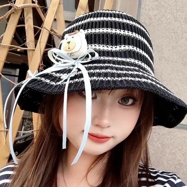 俞兆林 拉菲草编甜美可爱蝴蝶结小熊条纹太阳帽春夏季户外出游防晒遮阳透气百搭显脸草帽小盆帽 腈纶 渔夫帽 男女同款情侣款