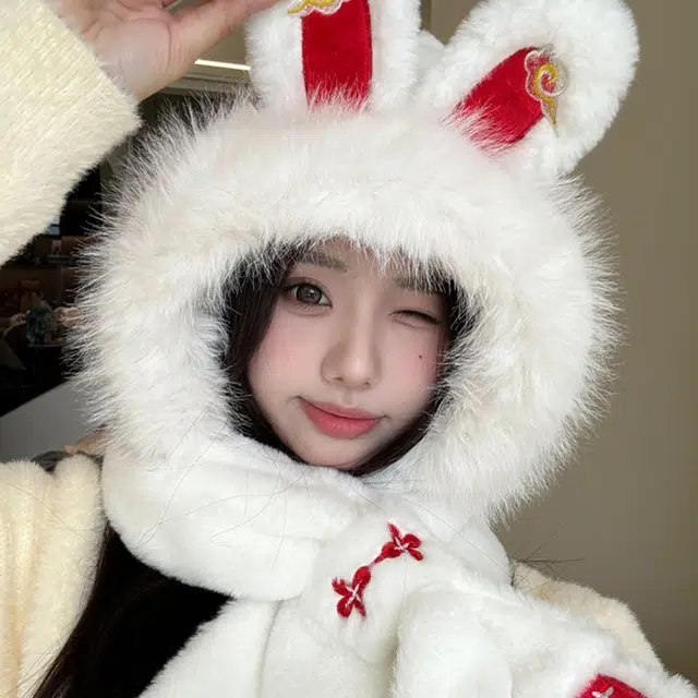 俞兆林 可爱兔子 帽子围巾一体骑行保暖防寒 聚酯纤维 绒线帽 女款