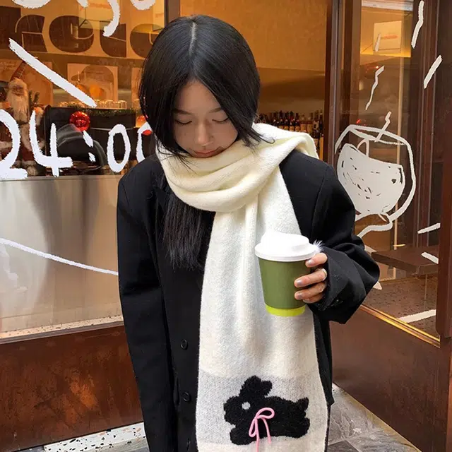 俞兆林 秋冬韩版纯色可爱小兔子蝴蝶结保暖加厚 绒线围巾 女款