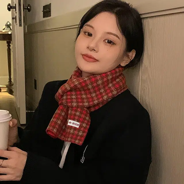 俞兆林 韩系秋冬大地色格子加厚保暖针织绒 绒线围巾 男女同款情侣款