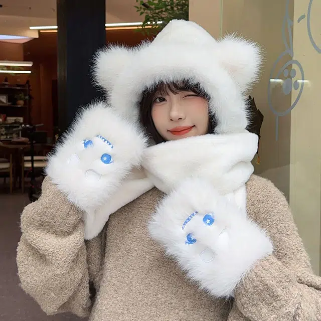俞兆林 怪兽三件套可爱卡通帽子手套一体 仿兔毛 绒线帽 男女同款情侣款