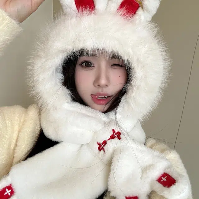 俞兆林 可爱兔子 帽子围巾一体骑行保暖防寒 聚酯纤维 绒线帽 女款