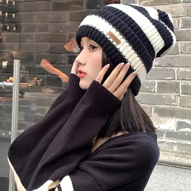 俞兆林 日系条纹字母宽松显脸小毛线保暖百搭针织 腈纶 绒线帽 男女同款情侣款