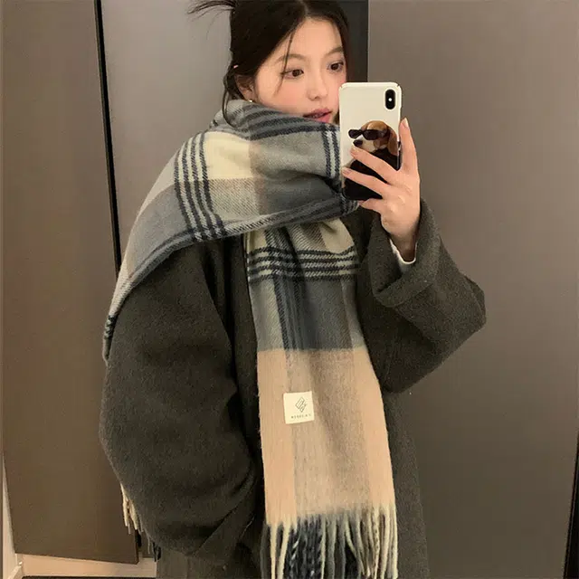 俞兆林 高级感复古仿羊绒拼色加厚保暖防寒围脖 绒线围巾  男女同款情侣款