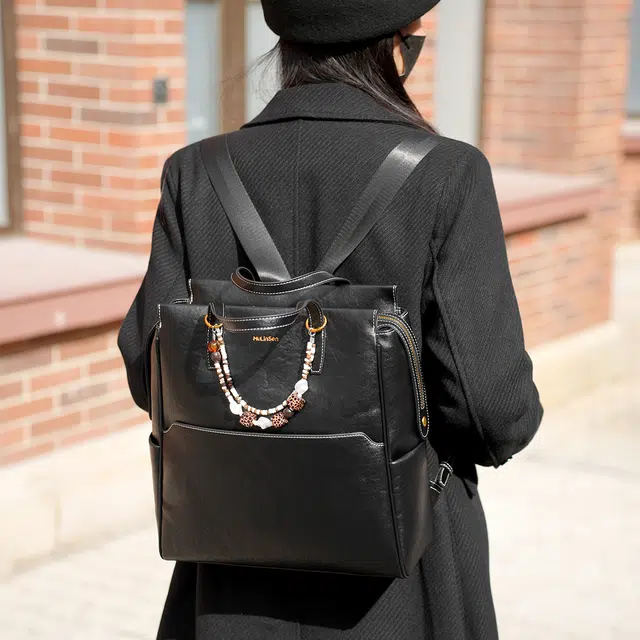 木林森 复古植鞣学院风背包大容量学生书包笔记本电脑包 合成革 双肩包 男女同款情侣款 黑色/浅咖色