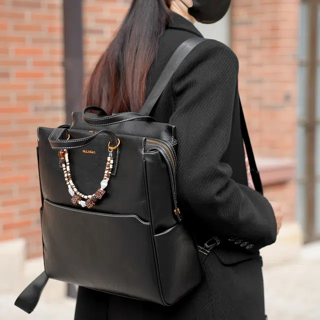 木林森 复古植鞣学院风背包大容量学生书包笔记本电脑包 合成革 双肩包 男女同款情侣款 黑色/浅咖色