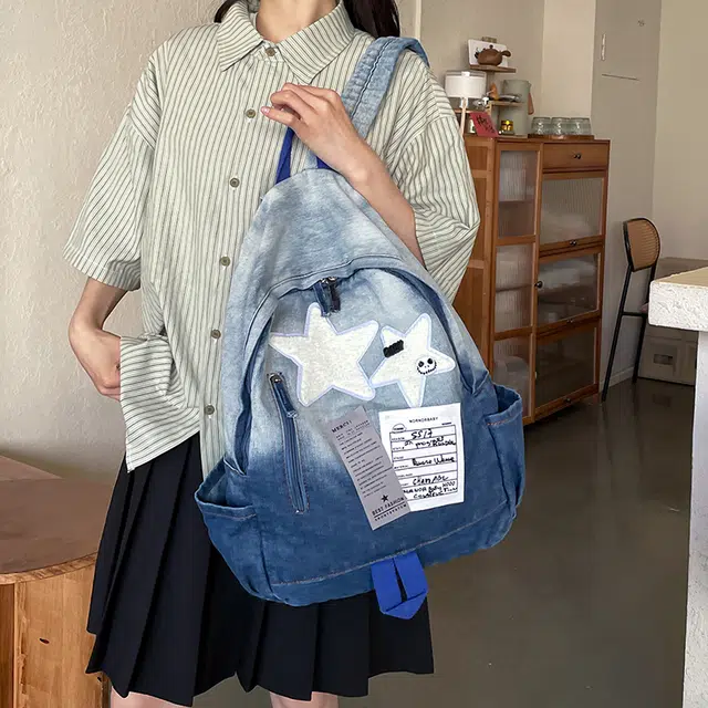 雅鹿 渐变水洗大容量小众复古 牛仔布 书包双肩包 常规 男女同款情侣款 多色