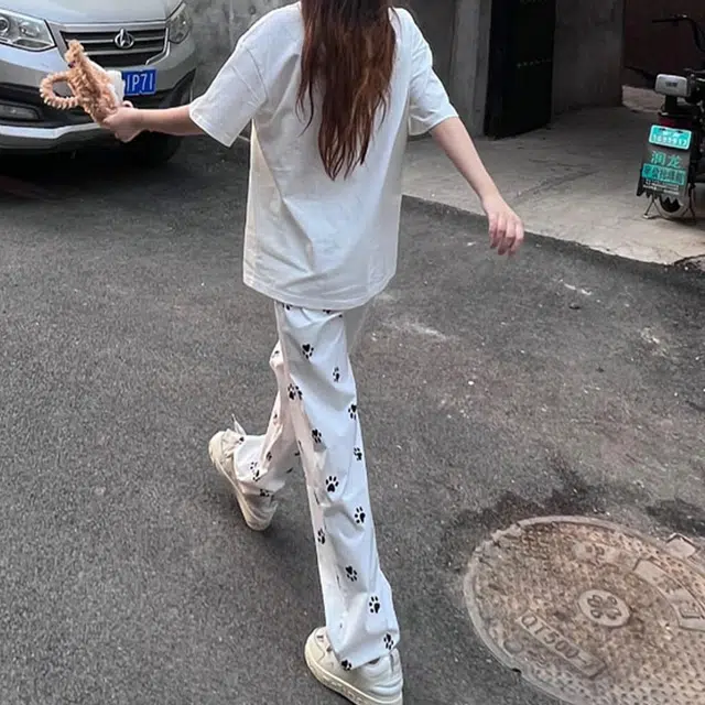 依钗 可爱小狗脚印元素高腰休闲裤 女款