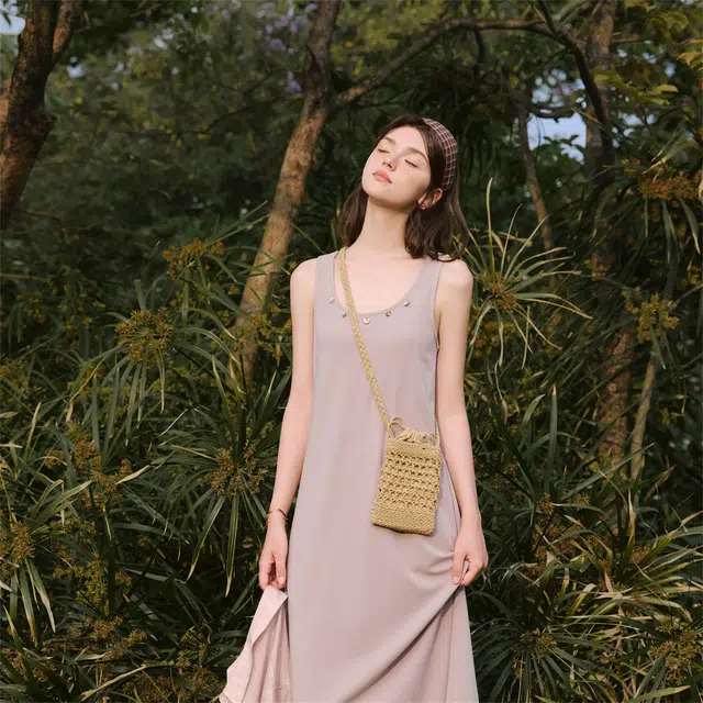 谜秀 蕾丝短款天丝棉纯色无袖圆领韩版高腰长袖连衣裙 女款 灰粉