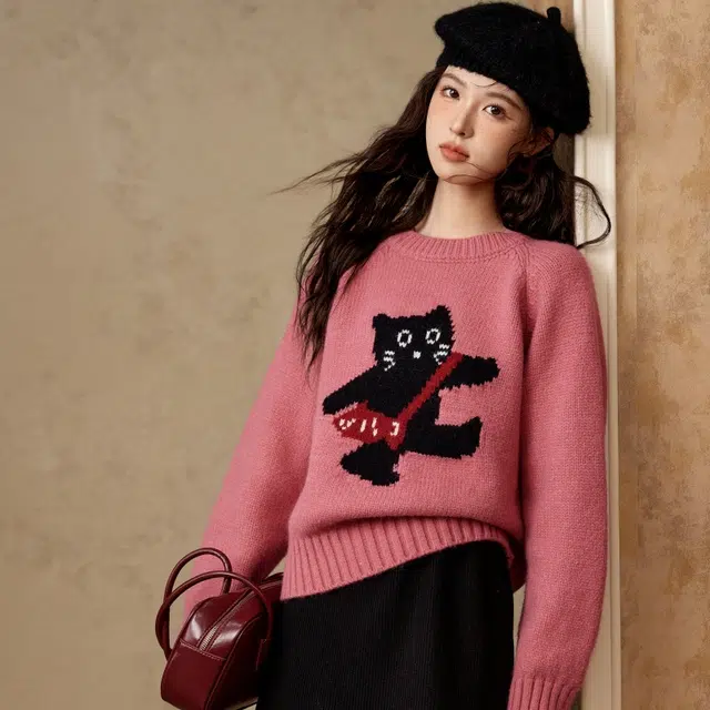 谜秀 韩系甜美舒适休闲日常百搭设计感保暖猫咪套头长袖毛衣 女款