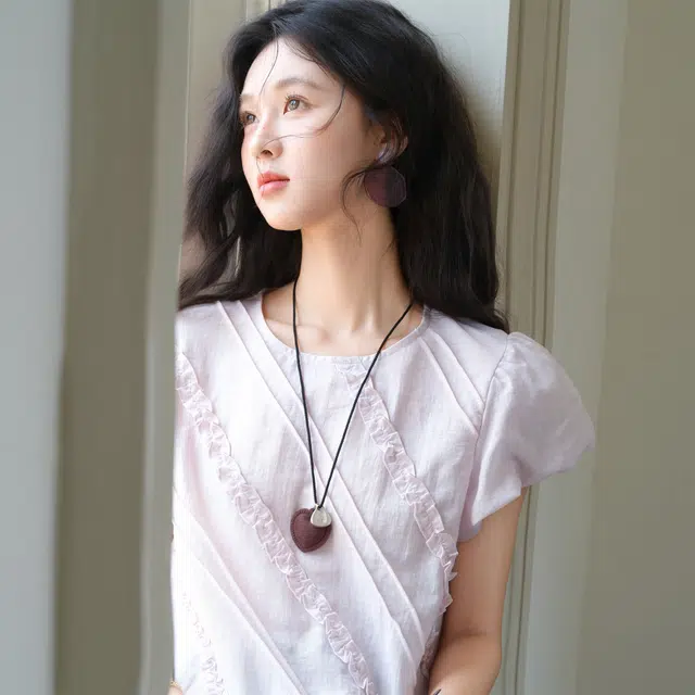 谜秀 粉色法式甜美高级纯色泡泡袖短袖圆领衬衫 女款 浅紫