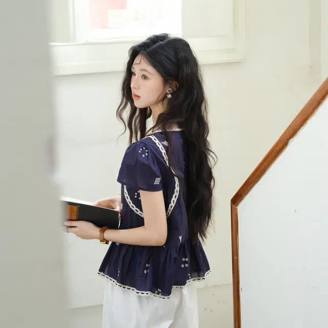 谜秀 领刺绣花边夏季碎花常规短袖衬衫 女款