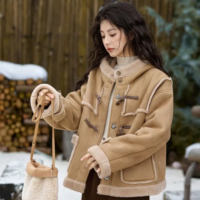 谜秀 百搭保暖防风复古高级感加厚连帽牛角扣皮毛一体棉服 女款 卡其
