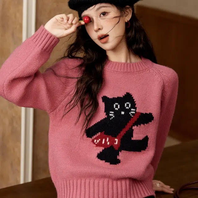 谜秀 韩系甜美舒适休闲日常百搭设计感保暖猫咪套头长袖毛衣 女款
