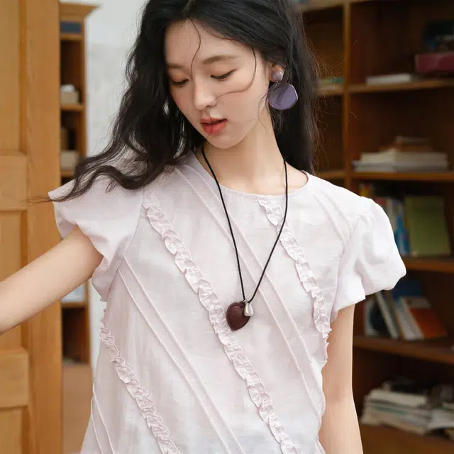 谜秀 粉色法式甜美高级纯色泡泡袖短袖圆领衬衫 女款 浅紫