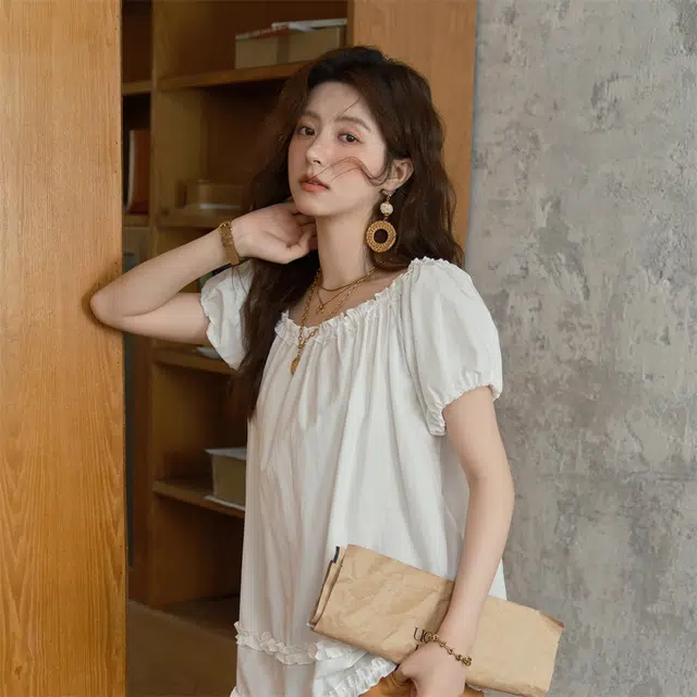 谜秀 夏季法式减龄纯色常规短袖圆领衬衫 女款