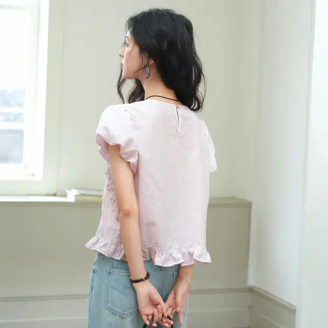 谜秀 粉色法式甜美高级纯色泡泡袖短袖圆领衬衫 女款 浅紫