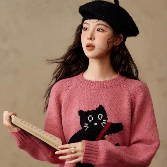 谜秀 韩系甜美舒适休闲日常百搭设计感保暖猫咪套头长袖毛衣 女款