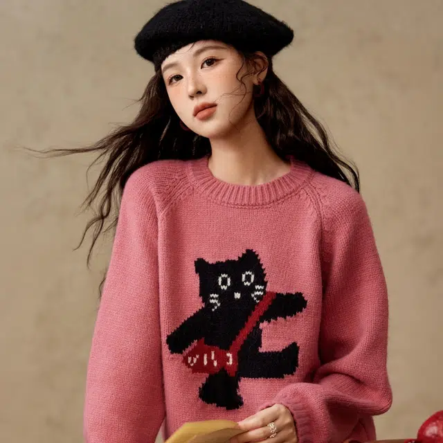 谜秀 韩系甜美舒适休闲日常百搭设计感保暖猫咪套头长袖毛衣 女款