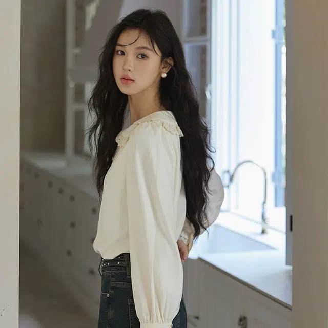 谜秀 通勤娃娃领喇叭长袖衬衫 女款 杏色