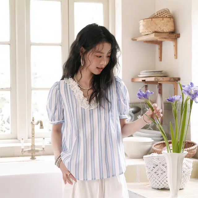 谜秀 蓝白条纹棉质夏季常规短袖花边领法式衬衫 女款