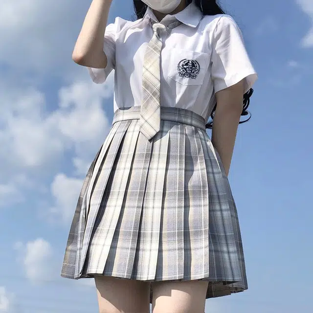日暮星河 日系学院风校供收腰通勤时尚休闲短袖两件套衬衫套装 女款