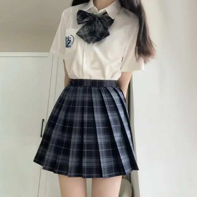 日暮星河 学院风格子百褶裙短袖上衣两件套衬衫套装 女款