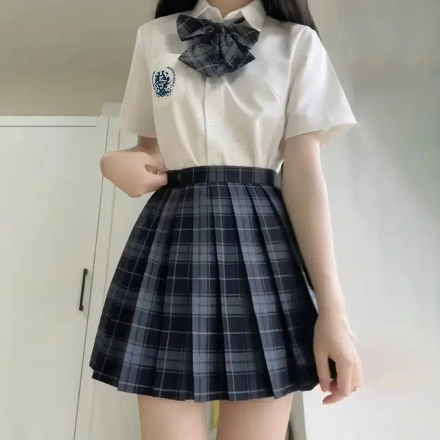 日暮星河 学院风格子百褶裙短袖上衣两件套衬衫套装 女款