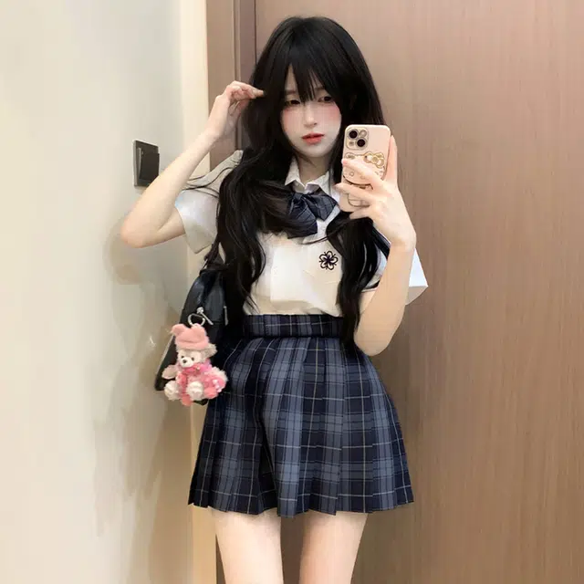 日暮星河 学院风格子百褶裙短袖上衣两件套衬衫套装 女款
