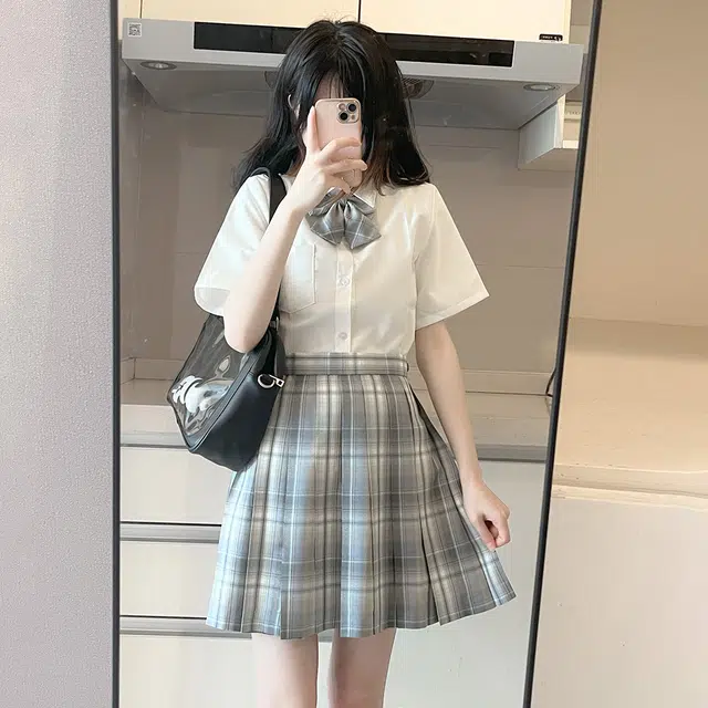 日暮星河 日系学院风校供收腰通勤时尚休闲短袖两件套衬衫套装 女款