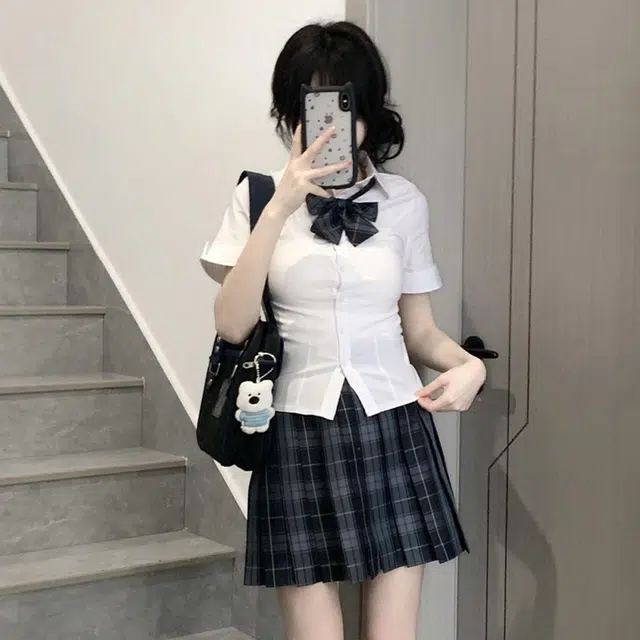 日暮星河 学院风格子百褶裙短袖上衣两件套衬衫套装 女款