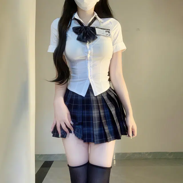 日暮星河 学院风格子百褶裙短袖上衣两件套衬衫套装 女款
