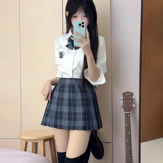 日暮星河 学院风格子百褶裙短袖上衣两件套衬衫套装 女款