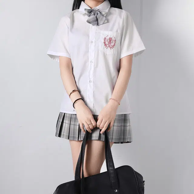日暮星河 日系学院风校供收腰通勤时尚休闲短袖两件套衬衫套装 女款