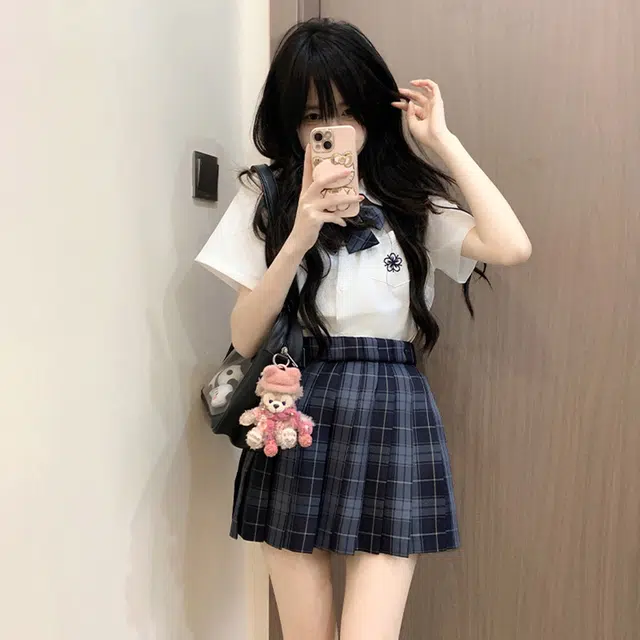 日暮星河 学院风格子百褶裙短袖上衣两件套衬衫套装 女款