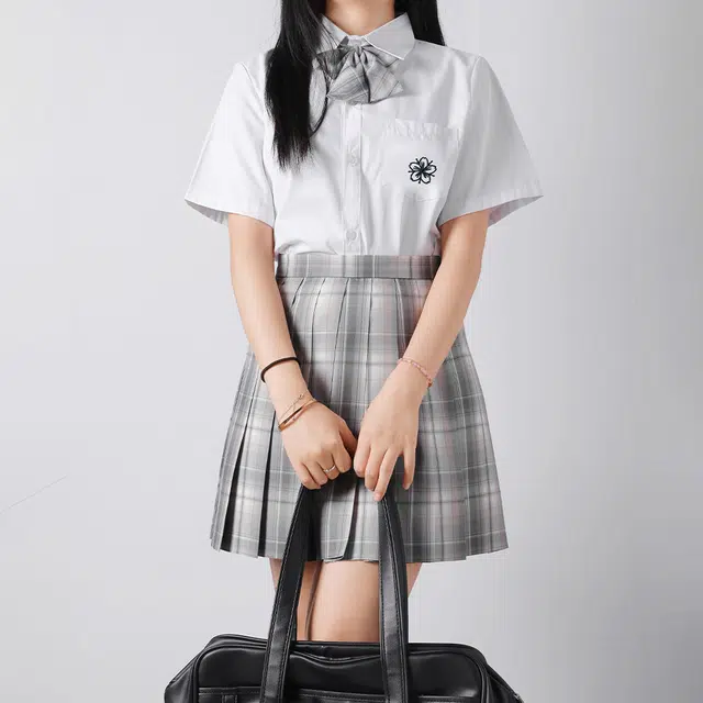 日暮星河 日系学院风校供收腰通勤时尚休闲短袖两件套衬衫套装 女款