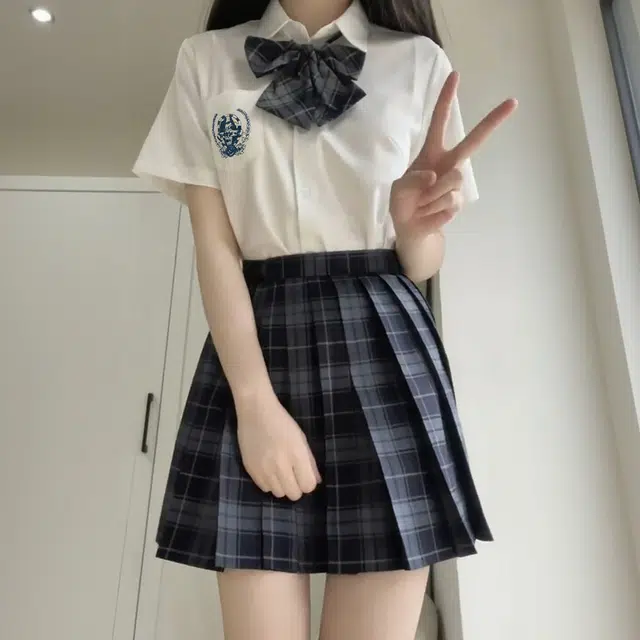 日暮星河 学院风格子百褶裙短袖上衣两件套衬衫套装 女款