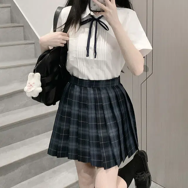 日暮星河 学院风格子百褶裙短袖上衣两件套衬衫套装 女款