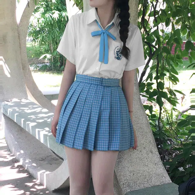 日暮星河 松蓝皓海套装 夏季学院风百褶裙衬衫套装 女款