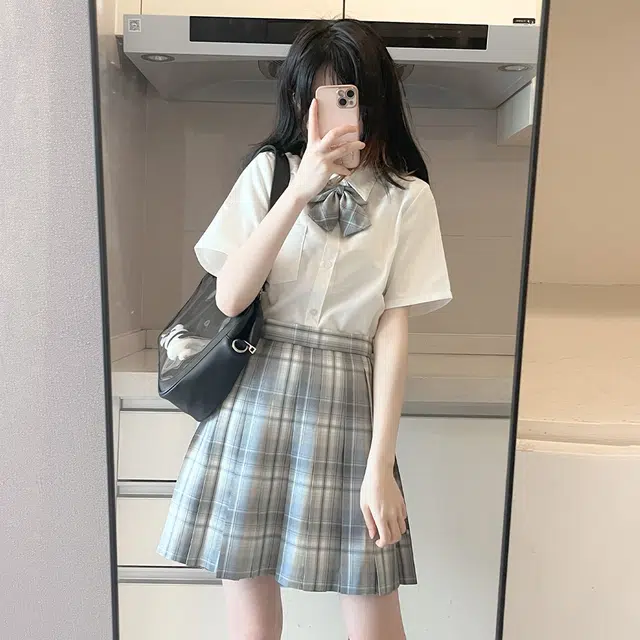 日暮星河 日系学院风校供收腰通勤时尚休闲短袖两件套衬衫套装 女款