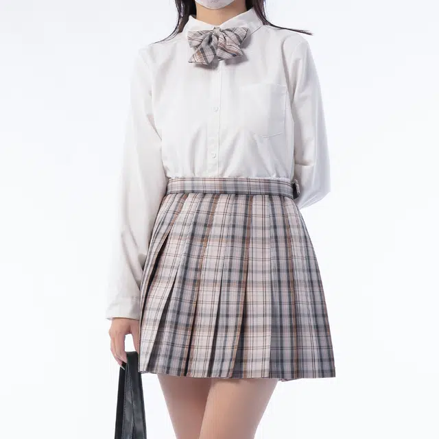 日暮星河 学院风休闲百搭时尚长袖上衣日系百褶裙衬衫套装 女款 牛奶慕斯